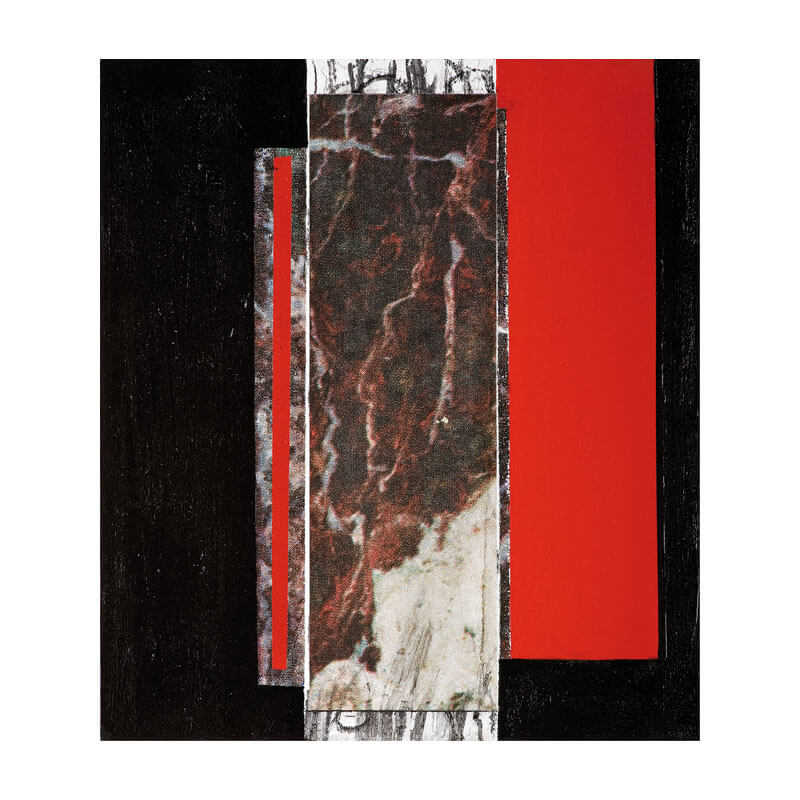 o.T. (a.d. Serie: Vom Ursprung), 2010, Graphit, Kohle, Lack, Digitaldruck auf Leinwand auf Holz, H 53 cm, B 47 cm, Privatbesitz