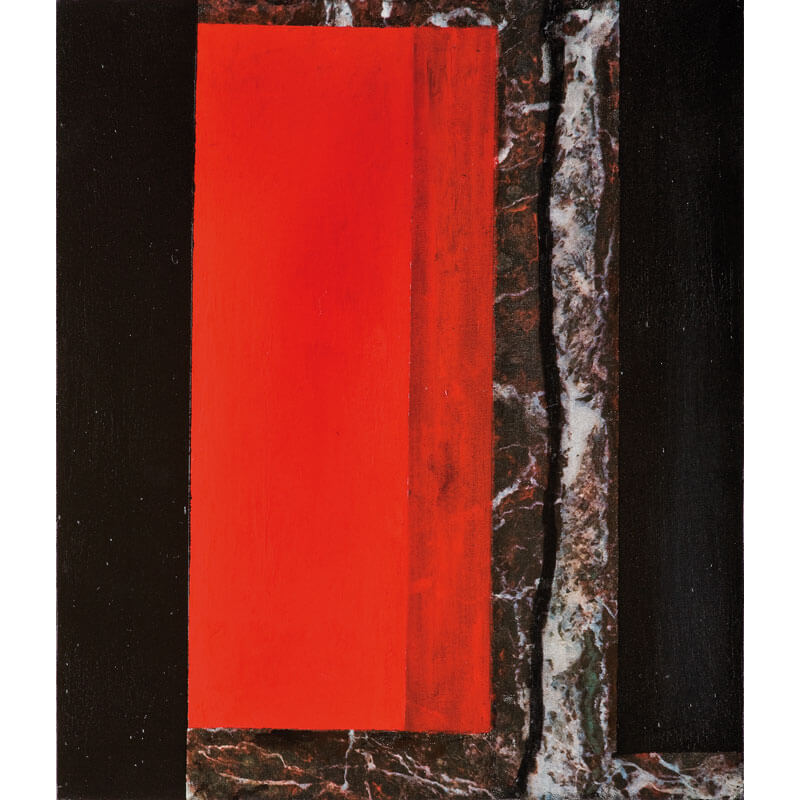 o.T. (a.d. Serie: Vom Ursprung), 2010, Graphit, Kohle, Lack, Digitaldruck auf Leinwand auf Holz, H 55 cm, B 47 cm, Privatbesitz