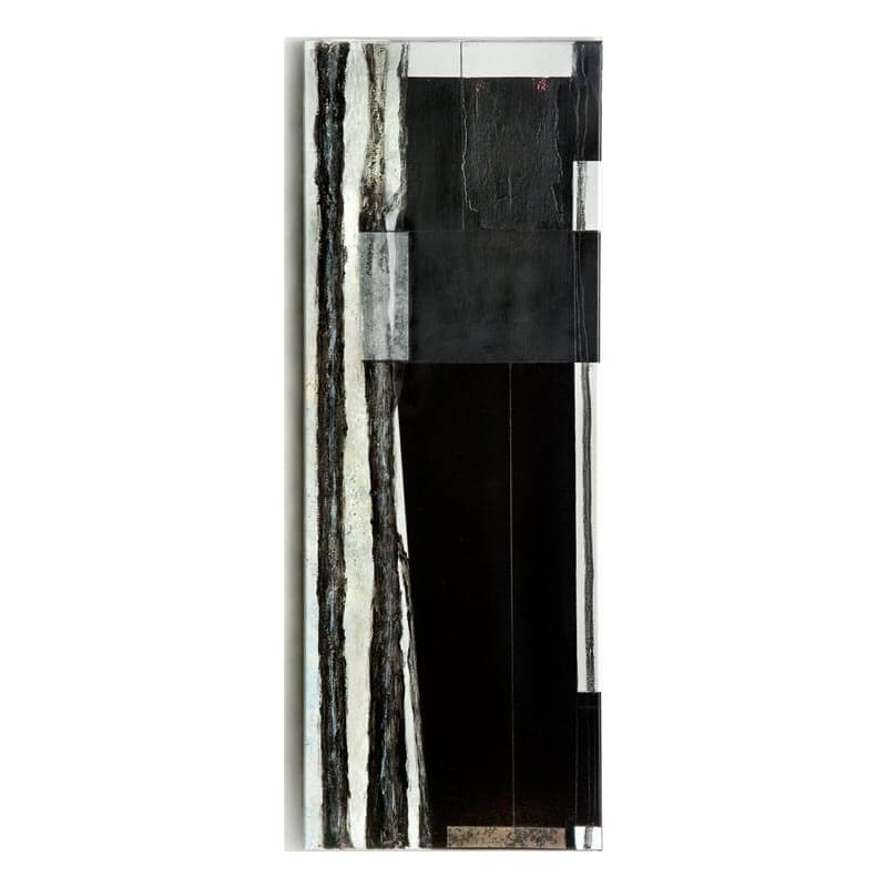 o. T., 2014, Kohle, Graphit, Lack, Dispersion, Collage auf Leinwand, H 100 cm, B 37 cm