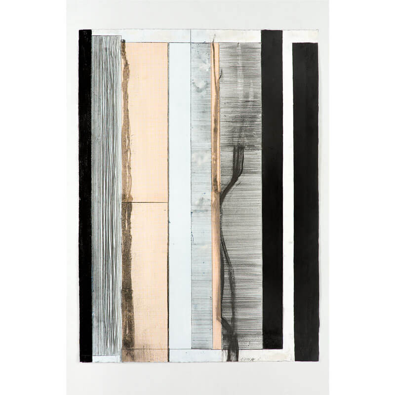o.T., 2016, Kohle, Graphit, Lack, Collage auf Büttenpapier, H 79 cm, B 57 cm