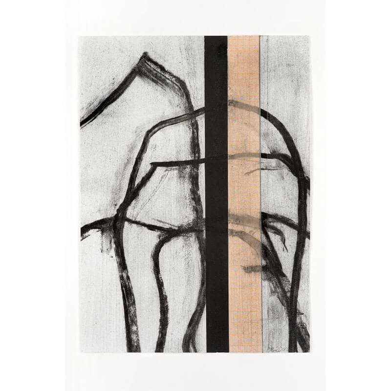 o.T., 2016, Kohle, Graphit, Lack, Collage auf Büttenpapier, H 28 cm, B 20 cm