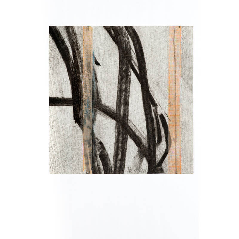 o.T., 2016, Kohle, Graphit, Collage auf Büttenpapier, H 15 cm, B 14 cm