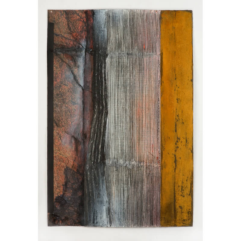 o.T., 2019, Kohle, Metallpulver, Acryl, Graphit, Collage <br>H 79 cm, B 57 cm